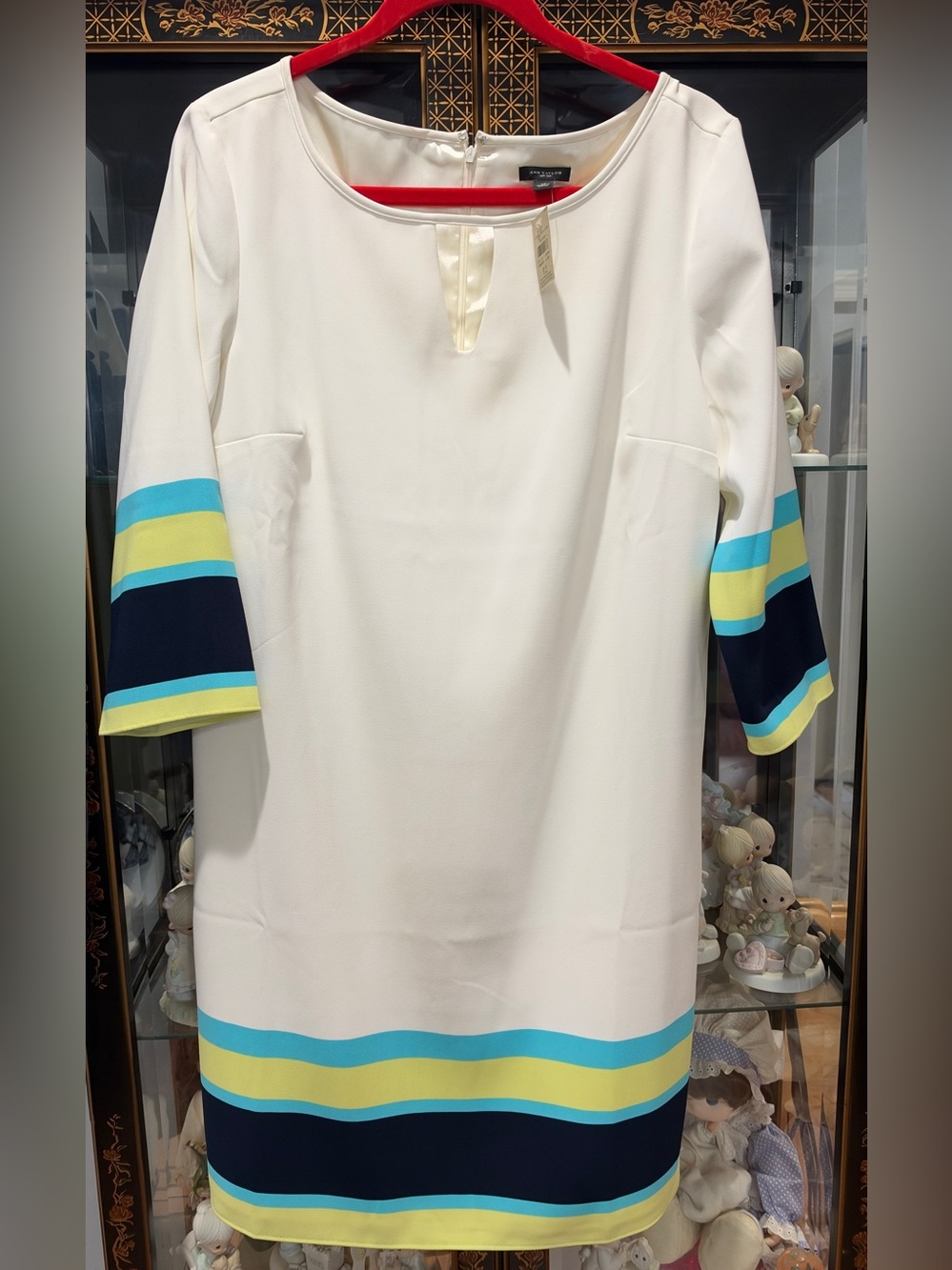 Ann Taylor White Dress Top with Blue and Yellow Stripe Sleeves